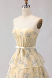 Yellow Blue Flower Strapless Beaded A Line Tiered Ruffle Corset Long Prom Dress