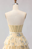 Yellow Blue Flower Strapless Beaded A Line Tiered Ruffle Corset Long Prom Dress