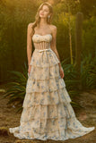 Yellow Blue Flower A Line Strapless Beaded Tiered Ruffle Corset Long Prom Dress