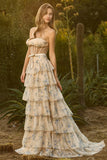 Yellow Blue Flower A Line Strapless Beaded Tiered Ruffle Corset Long Prom Dress
