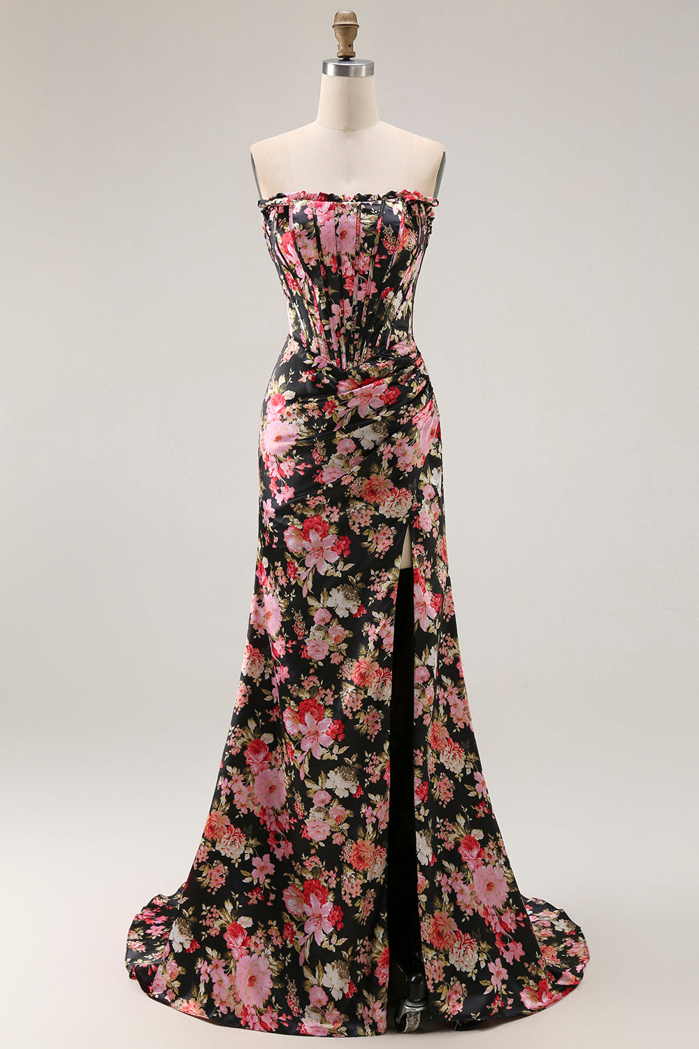 WEDTREND Women Black Pink Floral Long Prom Dress with Slit Mermaid Strapless Corset Wedding Guest Dress WEDTREND Women Black Pink Floral Long Prom Dress with Slit Mermaid Strapless Corset Wedding Guest Dress