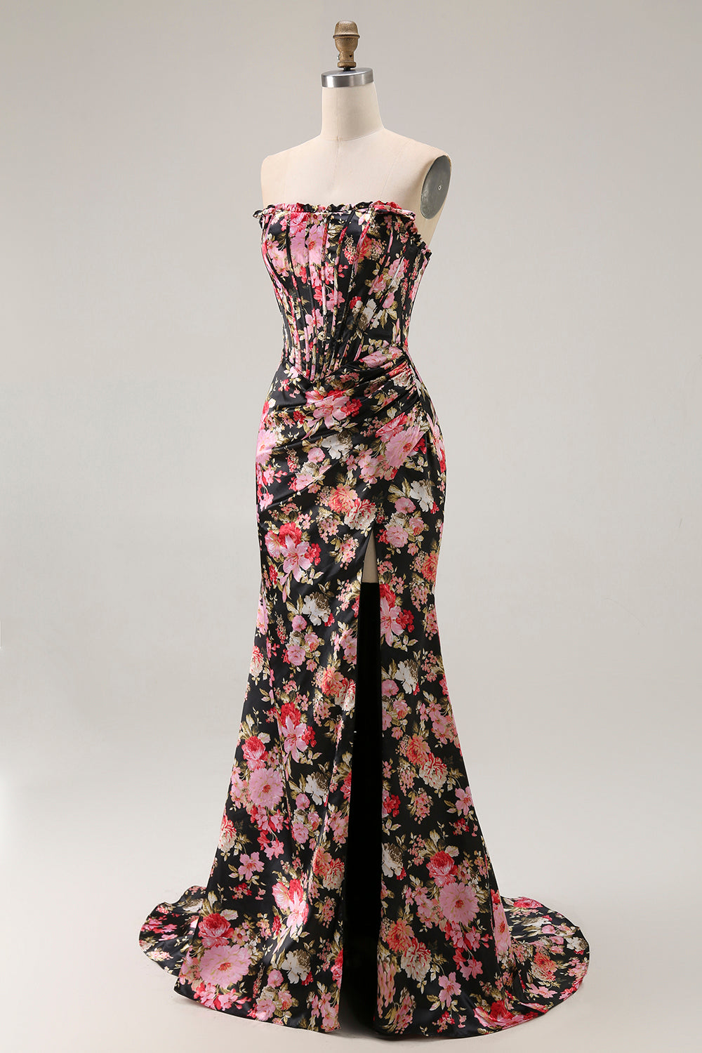 black and pink prom dress WEDTREND Women Black Pink Floral Long Prom Dress with Slit Mermaid Strapless Corset Wedding Guest Dress