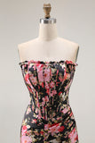Black Pink Floral Mermaid Strapless Corset Long Prom Dress with Slit