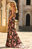 Black Pink Floral Mermaid Strapless Corset Long Prom Dress with Slit