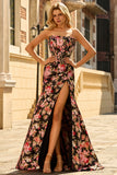 Strapless Black Pink Floral Mermaid Corset Long Prom Dress with Slit