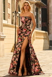 Strapless Black Pink Floral Mermaid Corset Long Prom Dress with Slit
