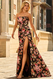 Strapless Black Pink Floral Mermaid Corset Long Prom Dress with Slit