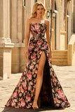 Strapless Black Pink Floral Mermaid Corset Long Prom Dress with Slit
