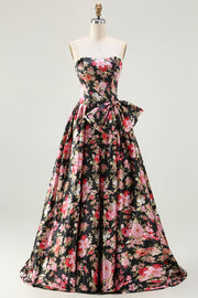 Princess Strapless Black Pink Flower Print Long Prom Dress with Large Bow