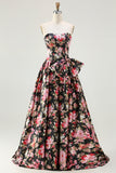 Princess Strapless Black Pink Flower Print Long Prom Dress with Large Bow