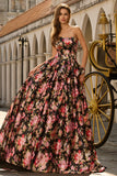 Black Pink Flower Princess Strapless Print Long Prom Dress with Large Bow