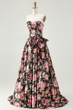 Princess Strapless Black Pink Flower Print Long Prom Dress with Large Bow