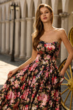 Black Pink Flower Princess Strapless Print Long Prom Dress with Large Bow