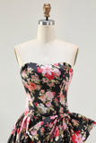 Princess Strapless Black Pink Flower Print Long Prom Dress with Large Bow