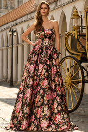 Black Pink Flower Princess Strapless Print Long Prom Dress with Large Bow