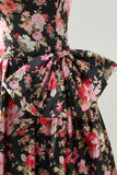 Princess Strapless Black Pink Flower Print Long Prom Dress with Large Bow