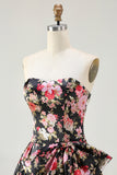 Princess Strapless Black Pink Flower Print Long Prom Dress with Large Bow