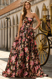 Black Pink Flower Princess Strapless Print Long Prom Dress with Large Bow