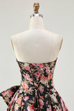 Princess Strapless Black Pink Flower Print Long Prom Dress with Large Bow