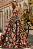 Black Pink Flower Princess Strapless Print Long Prom Dress with Large Bow