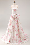 Princess Strapless White Pink Flower Print Long Prom Dress with Large Bow