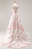 Princess Strapless White Pink Flower Print Long Prom Dress with Large Bow