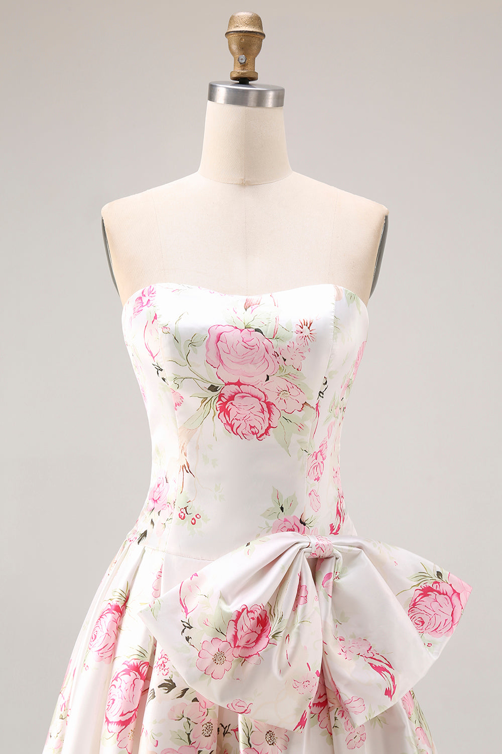 floor length white sdark pink floral dress Strapless White and Pink Tiered Long Dress with Slit PollyBoutique
