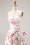 Princess Strapless White Pink Flower Print Long Prom Dress with Large Bow