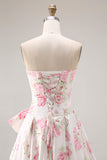 Princess Strapless White Pink Flower Print Long Prom Dress with Large Bow