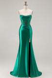 Dark Green Beaded Corset Strapless Mermaid Long Prom Dress with Slit