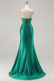 Dark Green Beaded Corset Strapless Mermaid Long Prom Dress with Slit