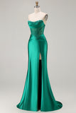 Dark Green Beaded Corset Strapless Mermaid Long Prom Dress with Slit