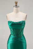 Dark Green Beaded Corset Strapless Mermaid Long Prom Dress with Slit
