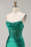 Dark Green Beaded Corset Strapless Mermaid Long Prom Dress with Slit
