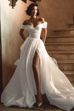 Off The Shoulder White A-Line Wedding Dress With Slit
