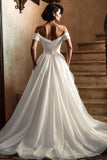 Off The Shoulder White A-Line Wedding Dress With Slit