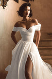 White Off The Shoulder Pleated A-Line Wedding Dress with Slit