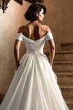 White Off The Shoulder Pleated A-Line Wedding Dress with Slit