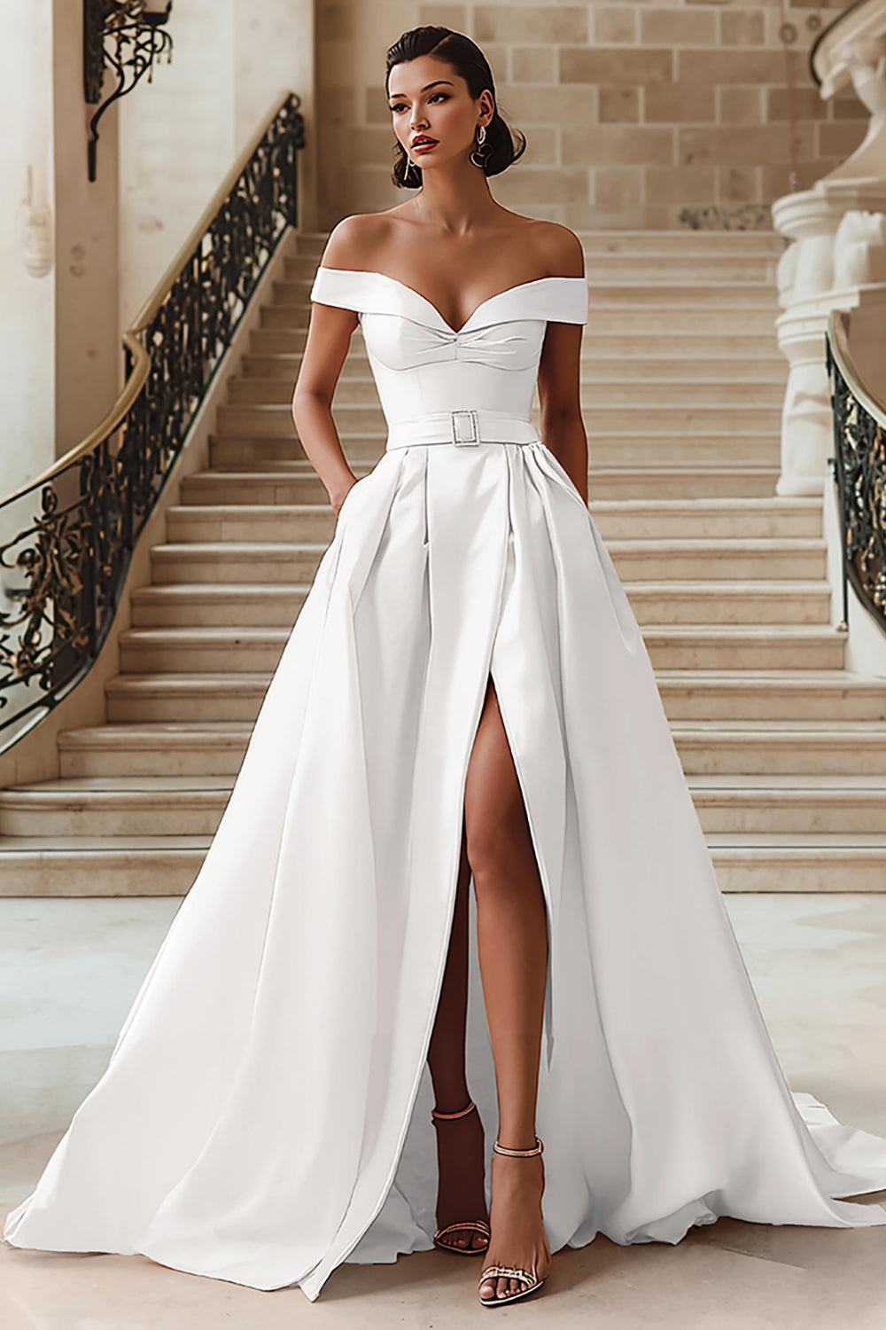 Wedtrend Women White Wedding Dress with Slit A-Line Off The Shoulder Bridal Dress with Belt, White / US8 Wedtrend Women White Wedding Dress with Slit A-Line Off The Shoulder Bridal Dress with Belt, White / US8