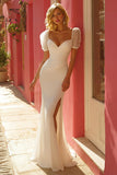 Ivory Mermaid Puff Sleeves Maxi Wedding Dress with Slit
