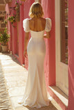 Ivory Mermaid Puff Sleeves Maxi Wedding Dress with Slit