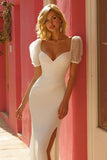 Ivory Mermaid Puff Sleeves Maxi Wedding Dress with Slit