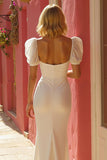Ivory Mermaid Puff Sleeves Maxi Wedding Dress with Slit