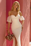 Ivory Mermaid Off The Shoulder Long Wedding Dress with Slit