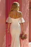 Ivory Mermaid Off The Shoulder Long Wedding Dress with Slit