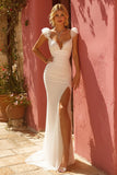 Mermaid V-Neck Ivory Wedding Dress with Slit