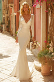 Elegant Ivory Mermaid V Neck Long Wedding Dress with Sleeves