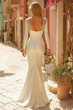 Elegant Ivory Mermaid V Neck Long Wedding Dress with Sleeves
