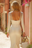 Elegant Ivory Mermaid V Neck Long Wedding Dress with Sleeves