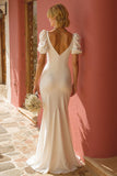 White Mermaid V-Neck Chiffon Puff Sleeves Maxi Wedding Dress with Slit